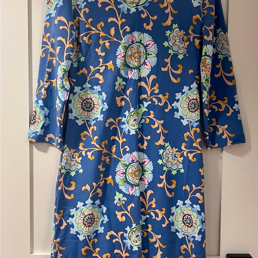 J. McLaughlin Blue Dress with Floral Patterns